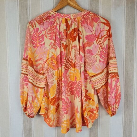 Haute Hippie Size S Tropical Floral Bohemian Peasant Style Blouse With Tassels - Picture 9 of 14